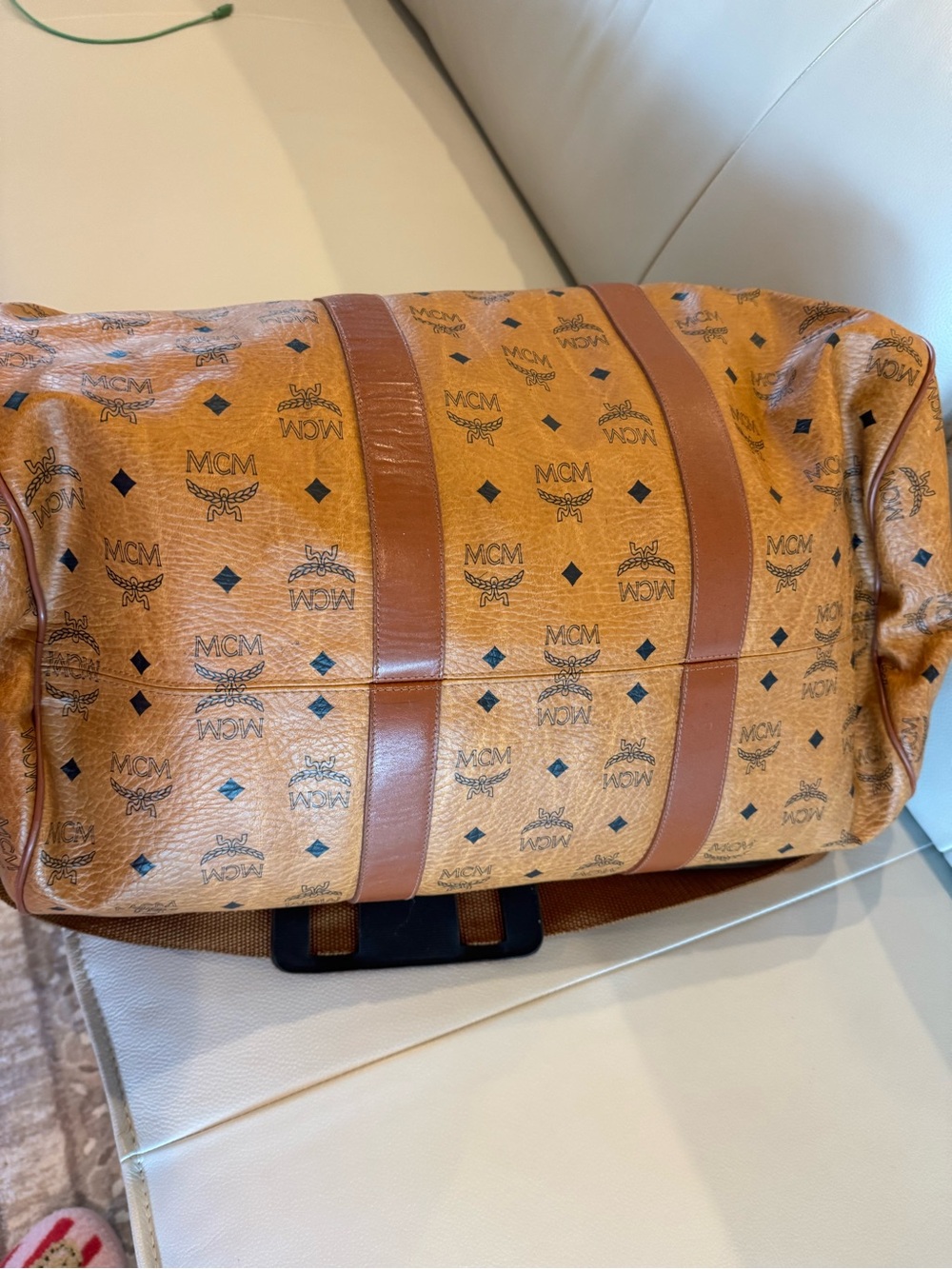 MCM Cognac Monogram Leather-Trim Duffel Bag
